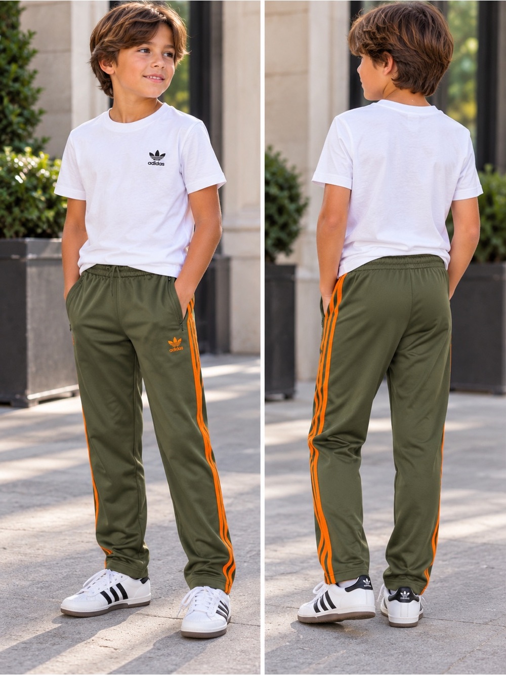 adidas Olive Green Joggers with Orange Side Stripes